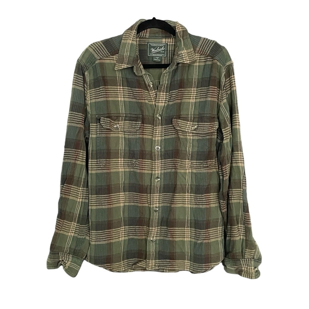 WOOLRICH Men’s Plaid Flannel Button Front Shirt Green Tan Brown M